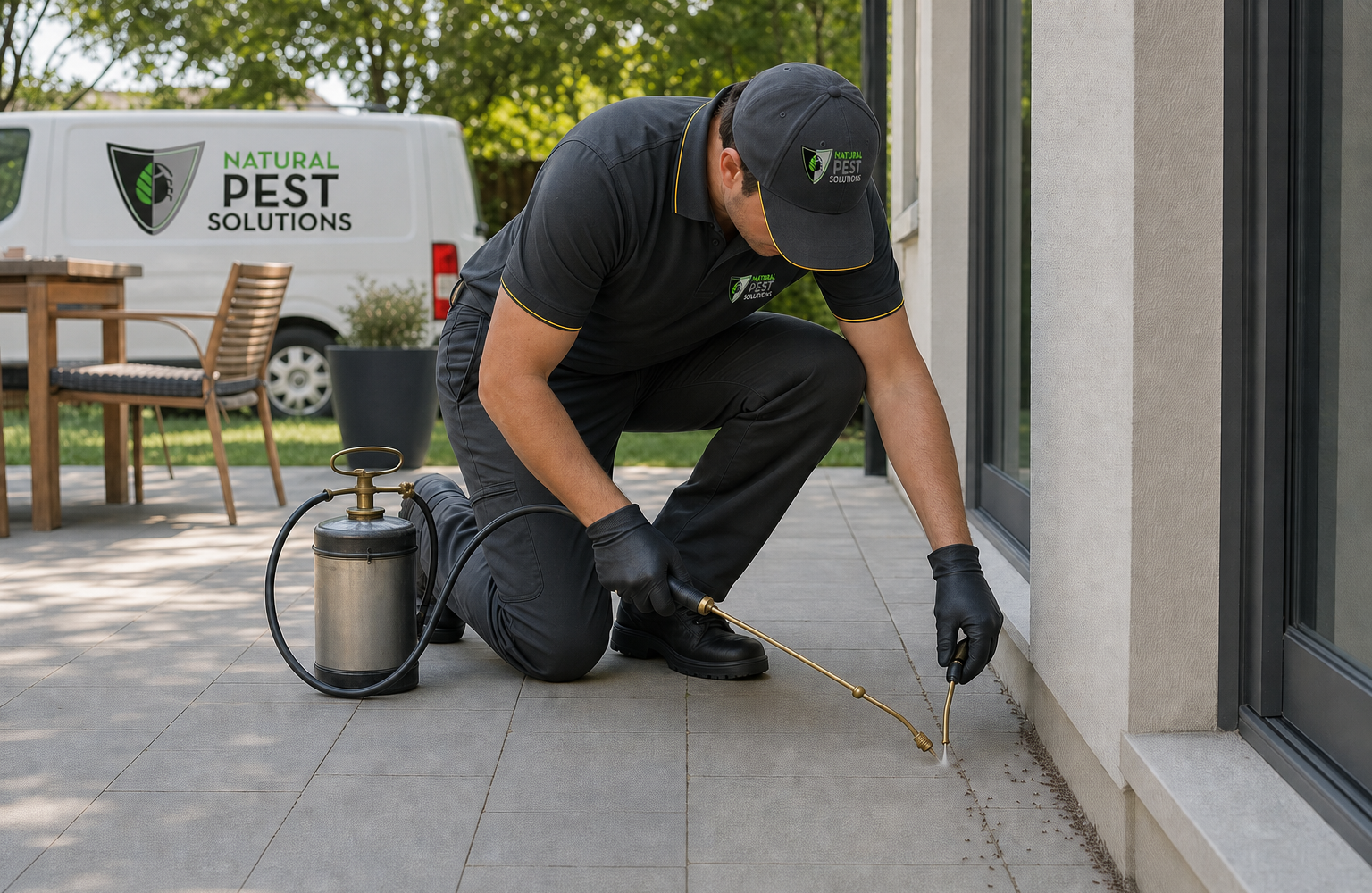 Natural Pest Solutions technician treating an ant trail along a patio foundation, pest control serving Killingly, CT Natural Pest Solutions technician treating an ant trail along a patio foundation, pest control serving Killingly, CT