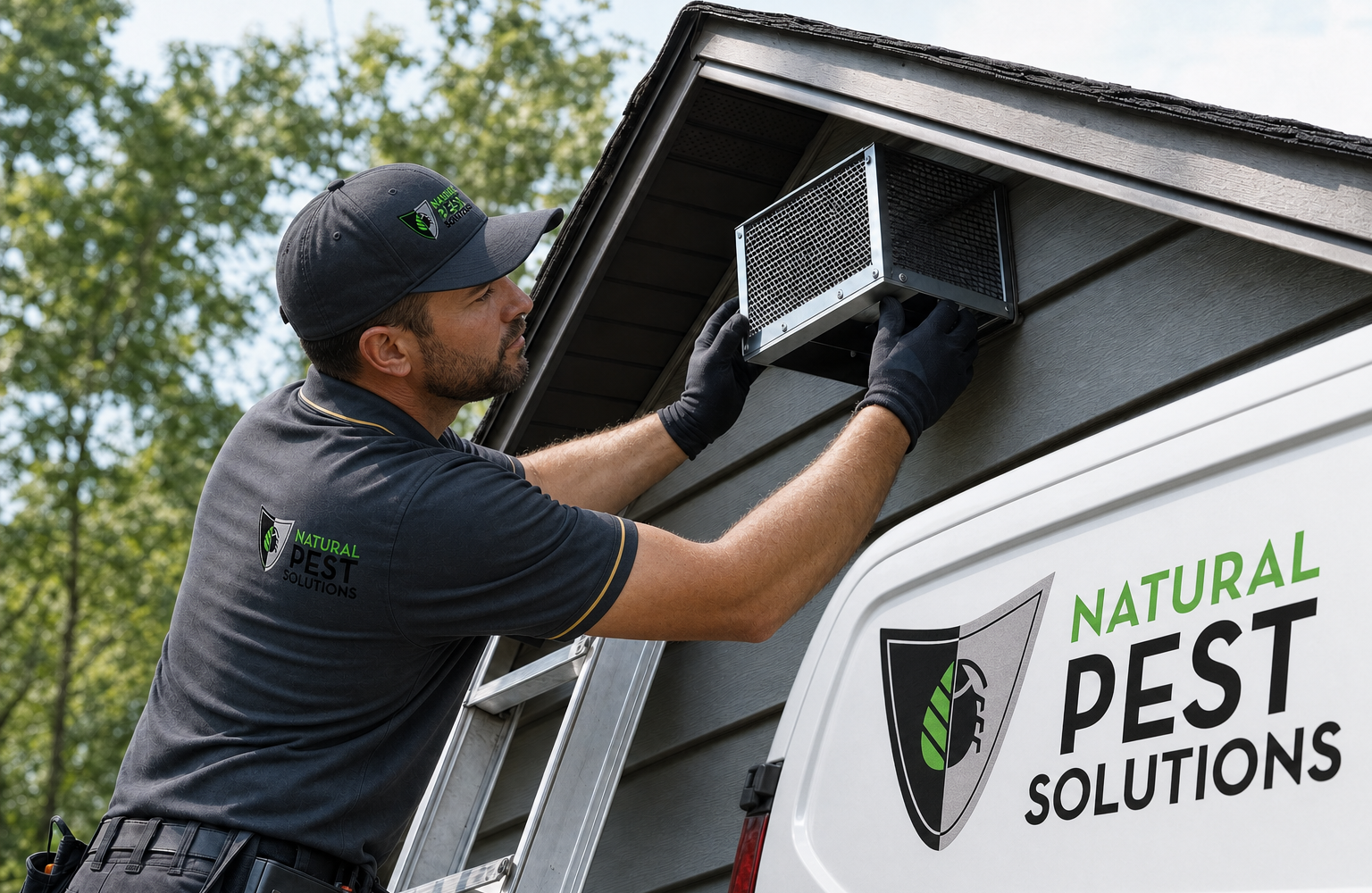 Natural Pest Solutions — a technician installing a one-way exclusion device over an attic vent opening