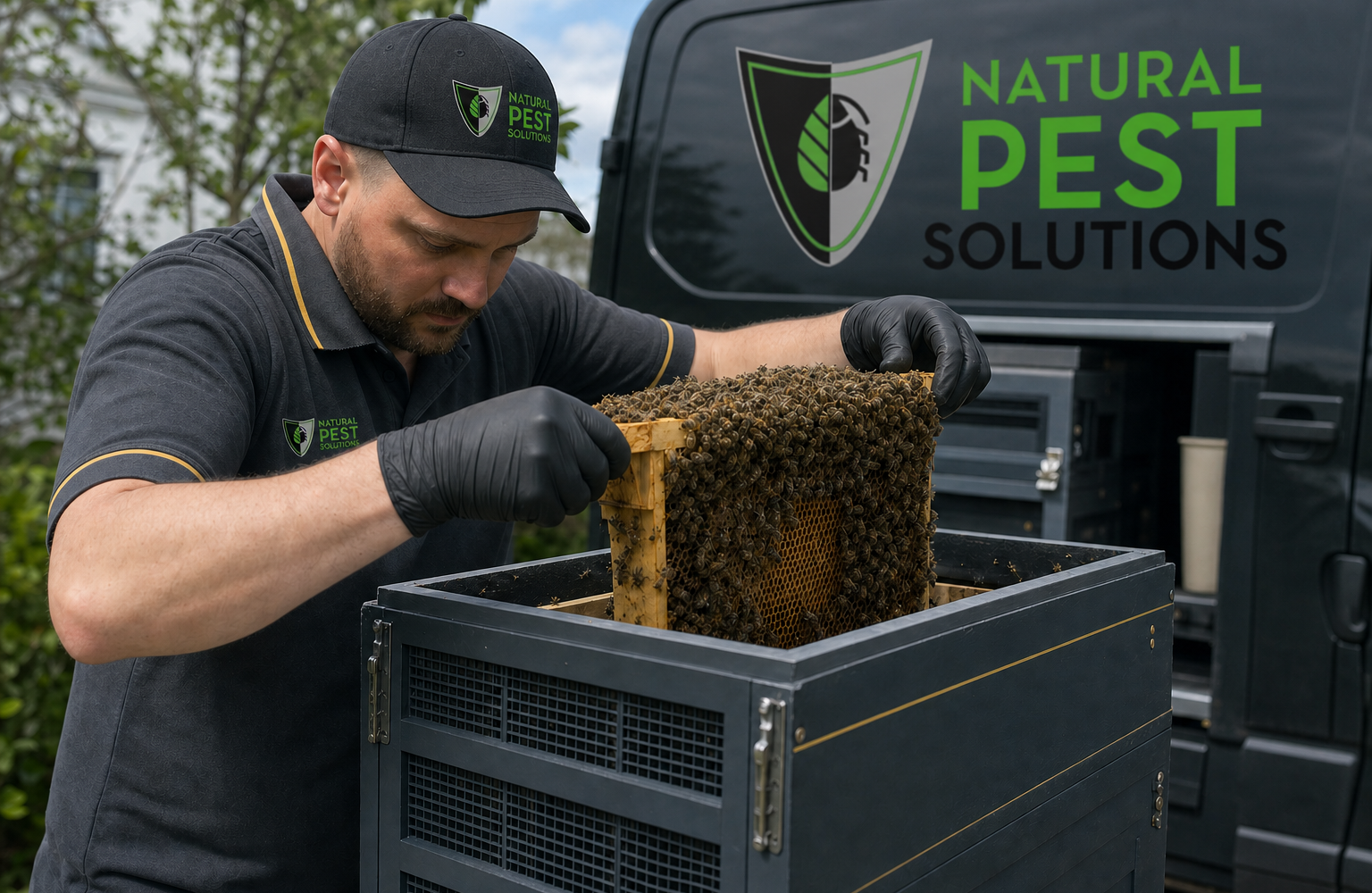 Natural Pest Solutions — a technician carefully placing a hive section into a ventilated relocation box