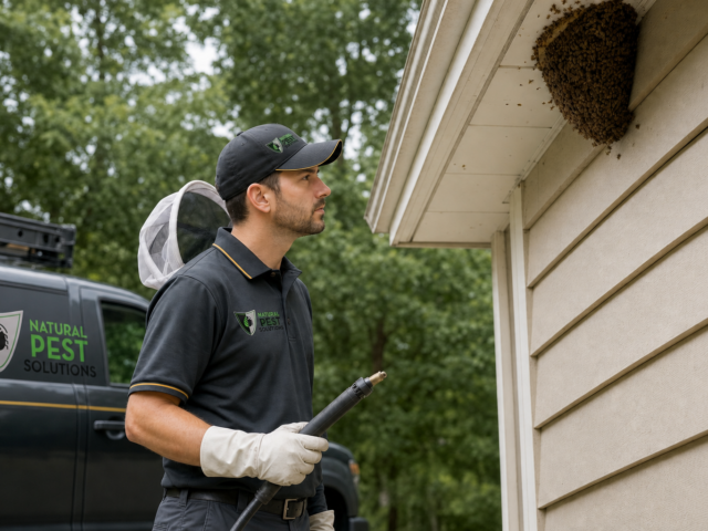 Natural Pest Solutions — a pest control technician in light protective gear calmly approaching a beehive under a roof eave