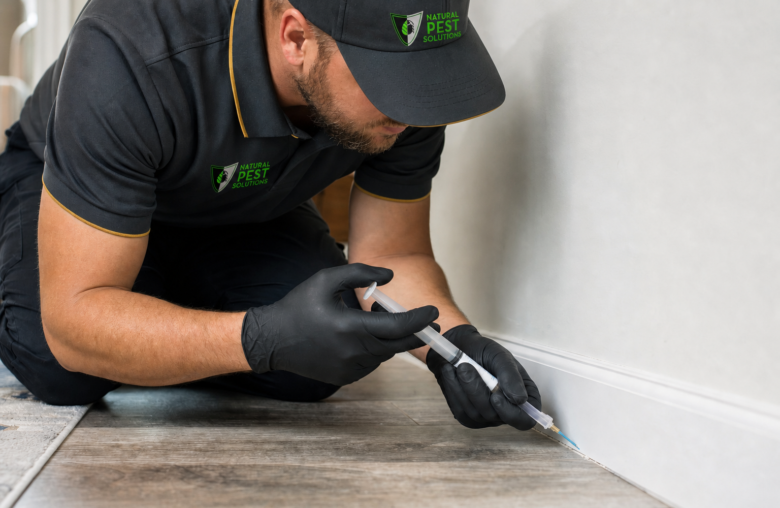 Natural Pest Solutions — a technician applying gel bait with a syringe applicator along a baseboard crack