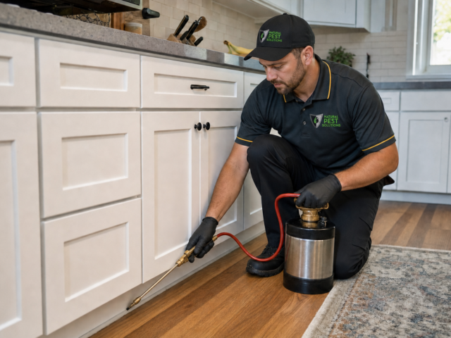 Natural Pest Solutions — a pest control technician kneeling to treat a kitchen baseboard gap in a residential kitchen