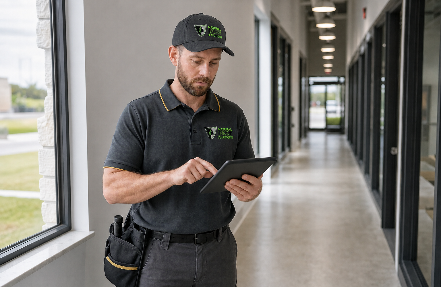 Natural Pest Solutions — a technician logging a completed service visit on a tablet in a commercial hallway