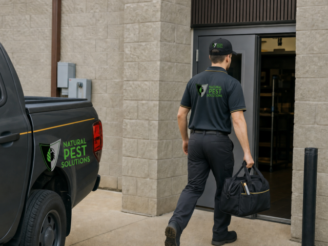 Natural Pest Solutions — a pest control technician walking into a commercial restaurant back entrance carrying a service bag