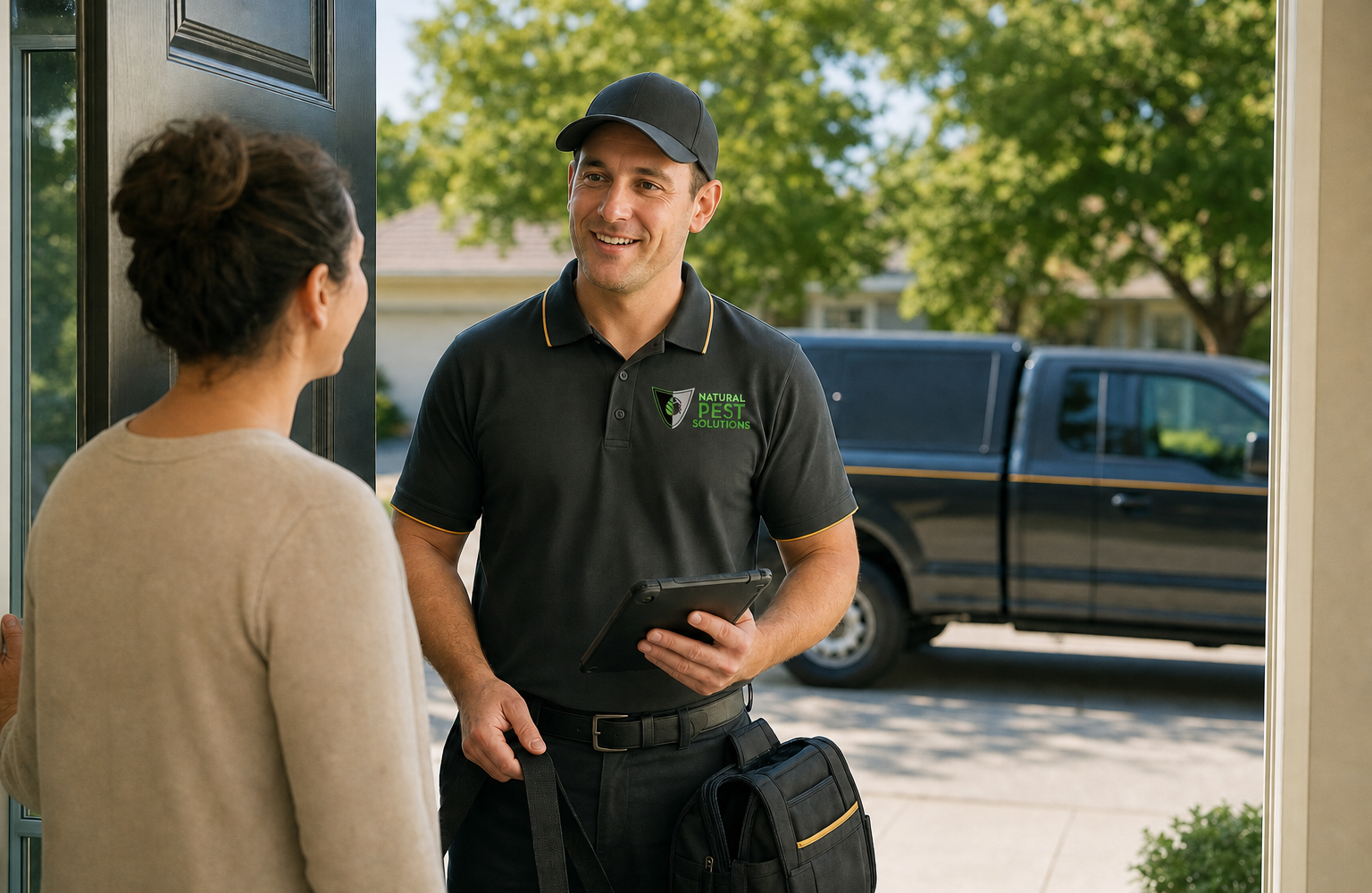 Natural Pest Solutions technician greeting a homeowner at the front door, pest control serving Bath Township, OH Natural Pest Solutions technician greeting a homeowner at the front door, pest control serving Bath Township, OH