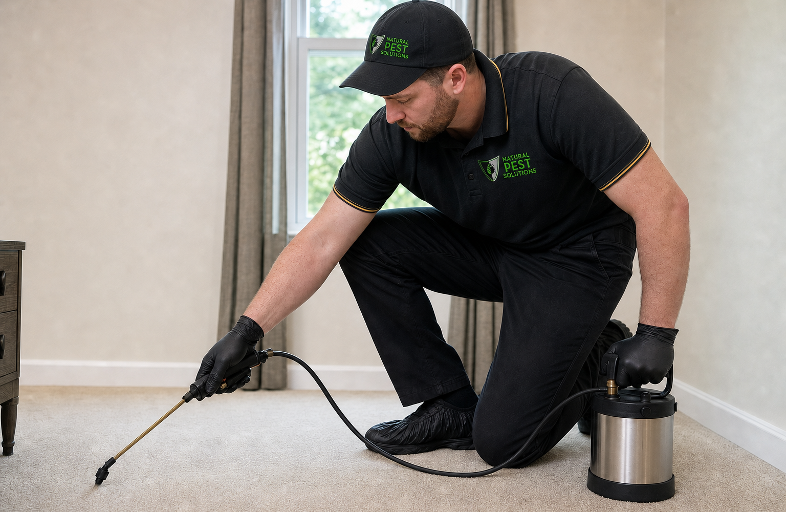 Natural Pest Solutions — a technician treating an indoor carpet edge along a baseboard with a handheld sprayer