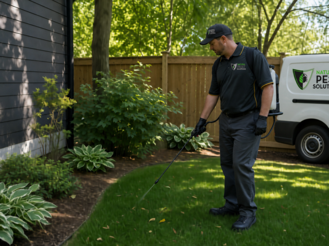 Natural Pest Solutions — a pest control technician treating a shaded backyard lawn area with a sprayer