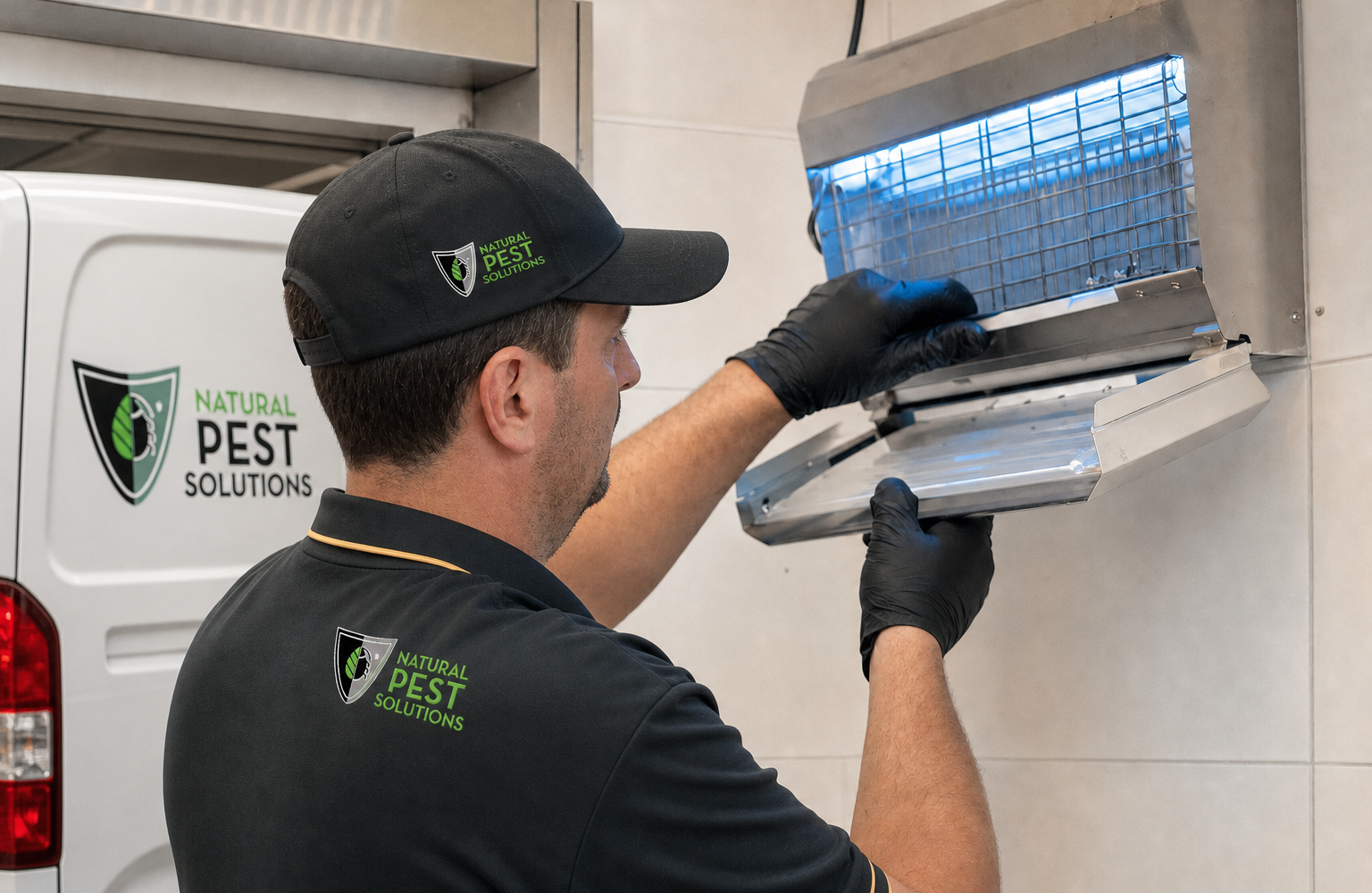 Natural Pest Solutions — a technician servicing a fly light trap unit mounted near a kitchen door