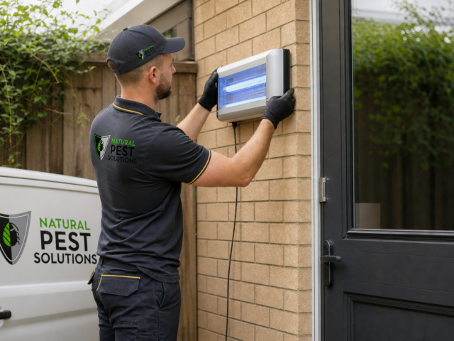 Natural Pest Solutions — a pest control technician installing a discreet fly light trap unit near a back door