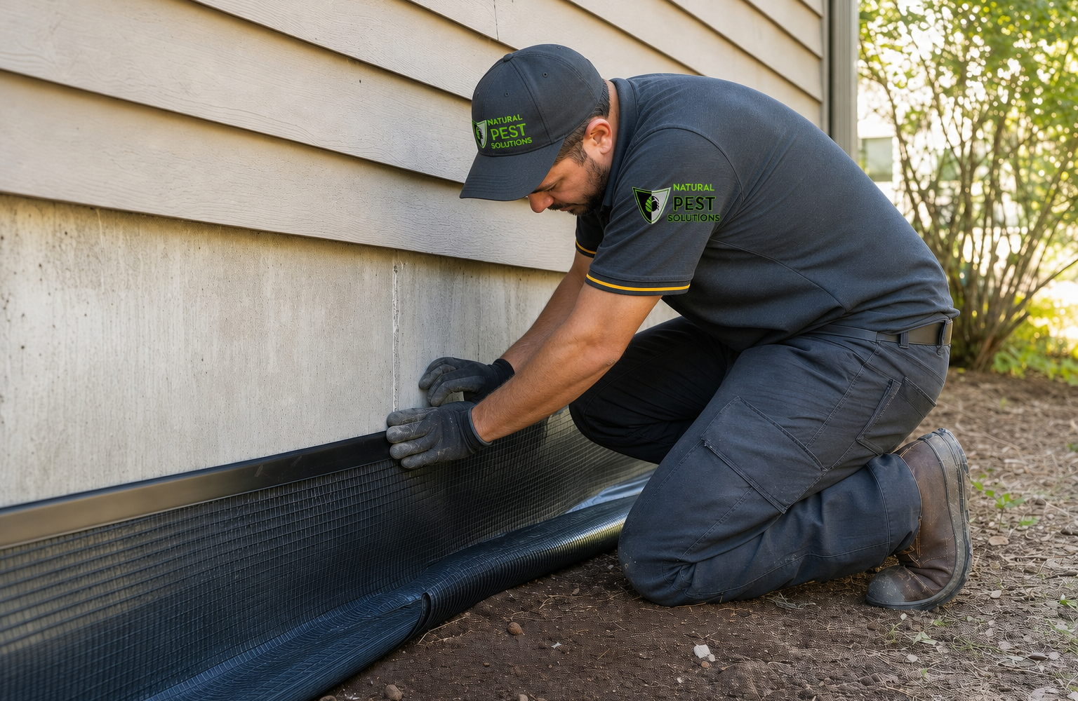 Natural Pest Solutions — a technician securing protective sheeting along a home foundation edge
