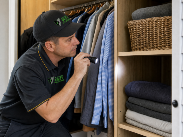 Natural Pest Solutions technician inspecting a closet for clothes moths