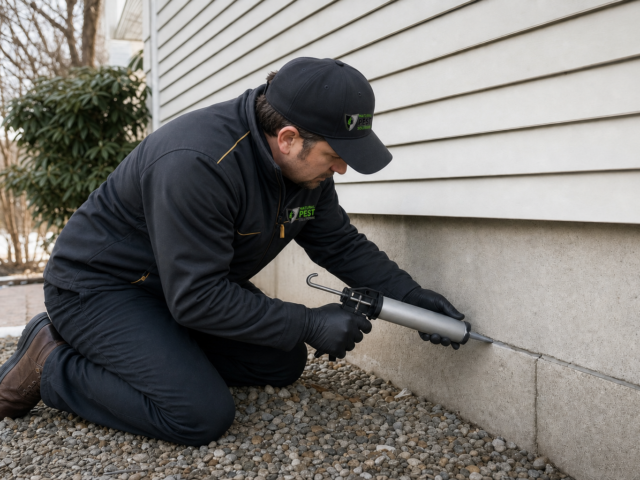 Natural Pest Solutions technician sealing an exterior gap