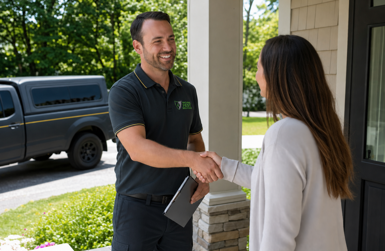Natural Pest Solutions technician and homeowner shaking hands on a porch after a service visit, pest control serving Killingly, CT Natural Pest Solutions technician and homeowner shaking hands on a porch after a service visit, pest control serving Killingly, CT
