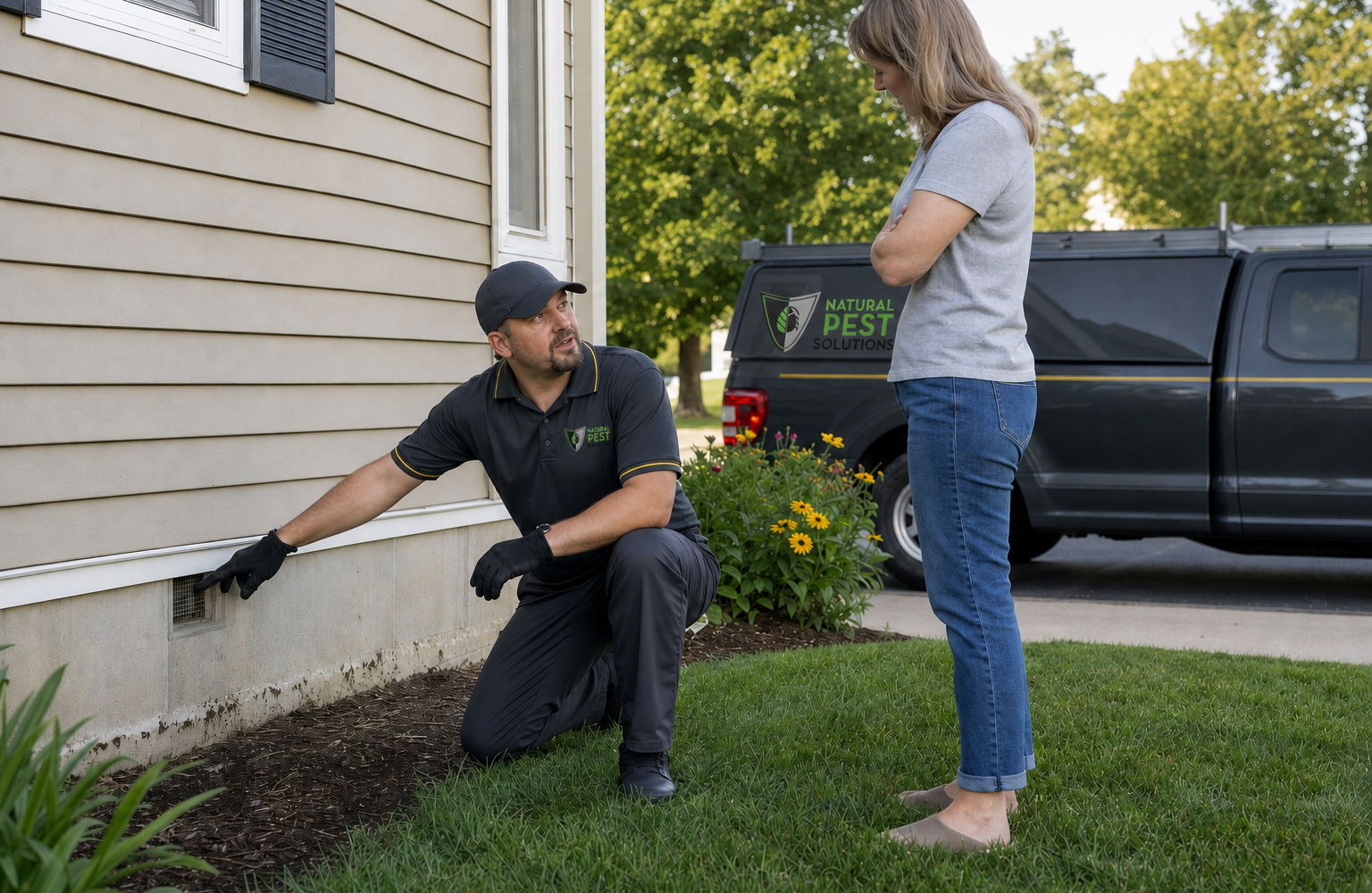 Natural Pest Solutions technician kneeling at a home foundation and pointing out an entry point to the homeowner, pest control serving Arkansas Natural Pest Solutions technician kneeling at a home foundation and pointing out an entry point to the homeowner, pest control serving Arkansas