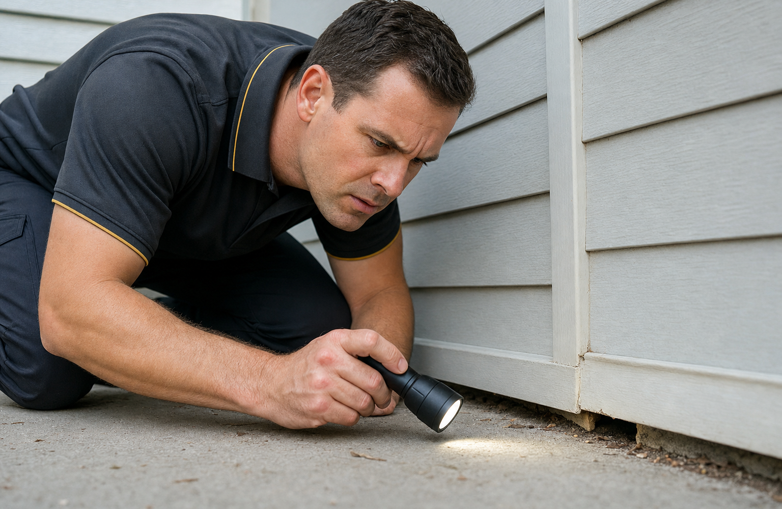 Homeowner crouching with a flashlight, looking concerned at a small gap near the foundation