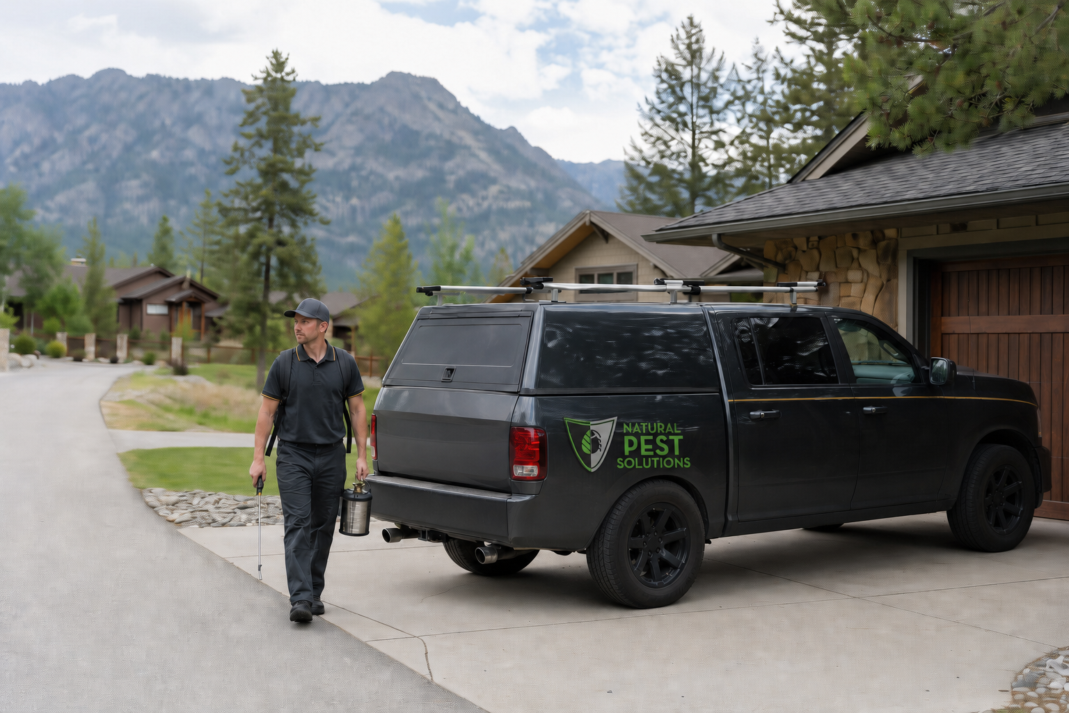 Residential street in a mountain town with a Natural Pest Solutions truck