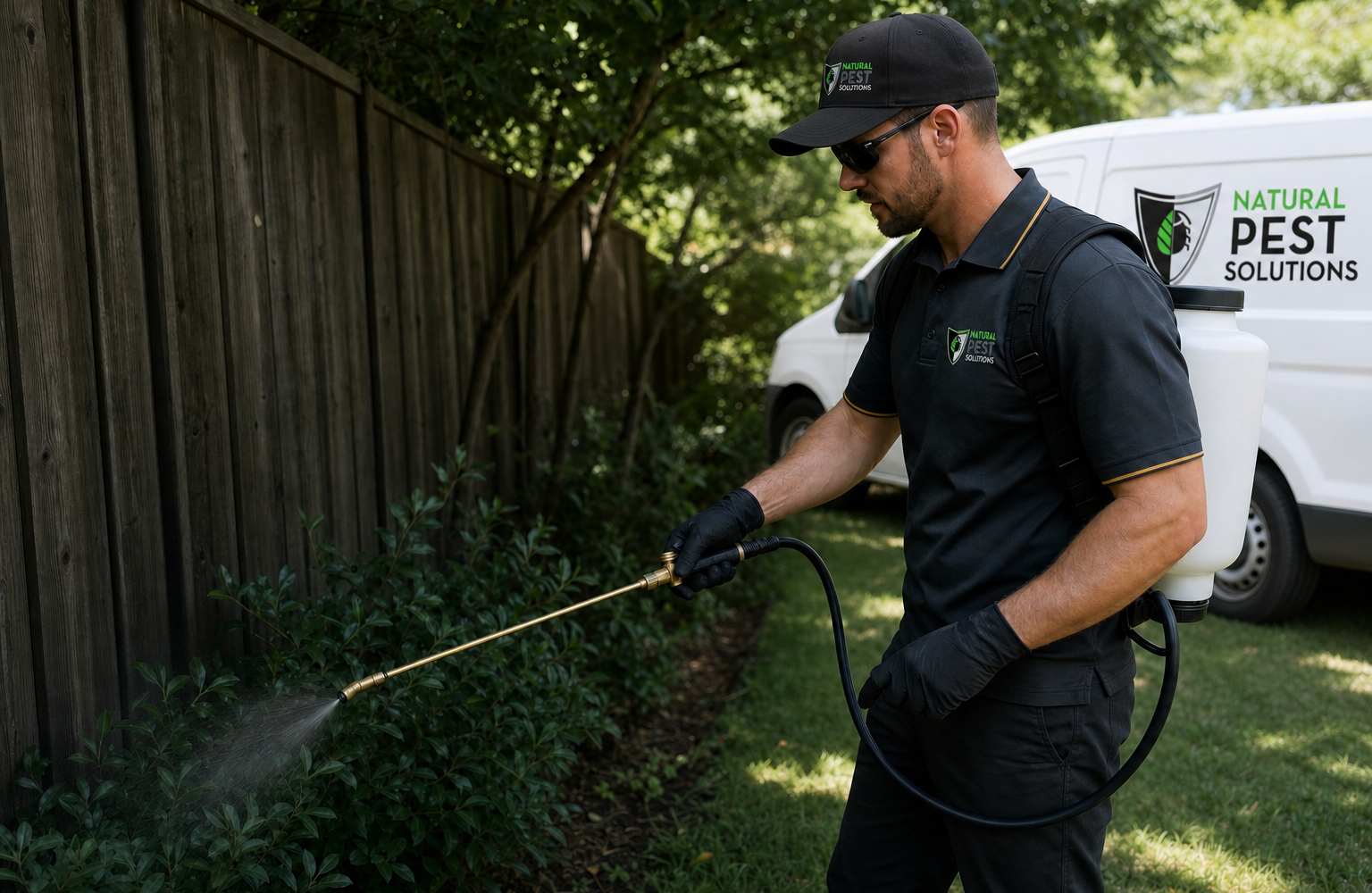 Natural Pest Solutions — a technician misting a shaded shrub area along a fence line with a backpack sprayer