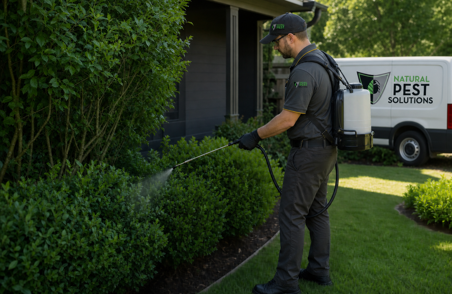 Natural Pest Solutions technician treating a backyard shrub line for mosquitoes, pest control serving Colorado Natural Pest Solutions technician treating a backyard shrub line for mosquitoes, pest control serving Colorado