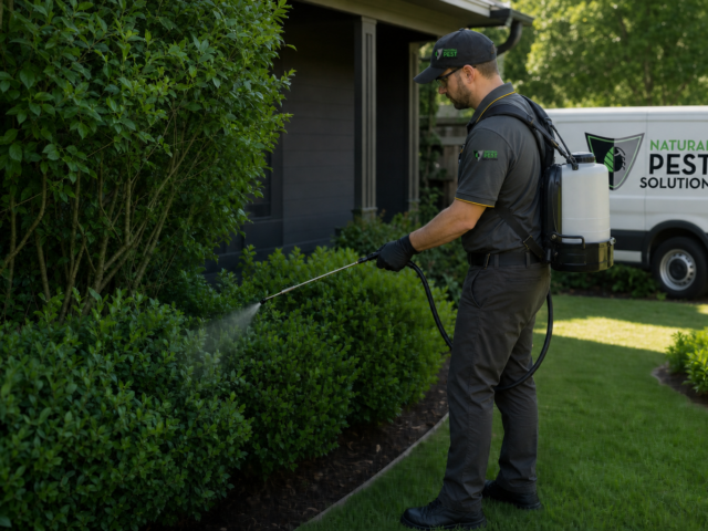 Natural Pest Solutions — a pest control technician treating a backyard shrub line with a backpack sprayer