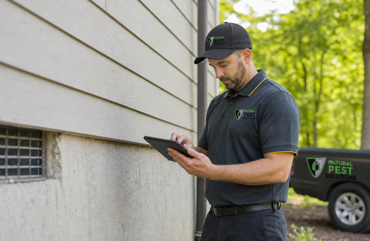 Natural Pest Solutions — a technician documenting inspection findings on a tablet at a home foundation