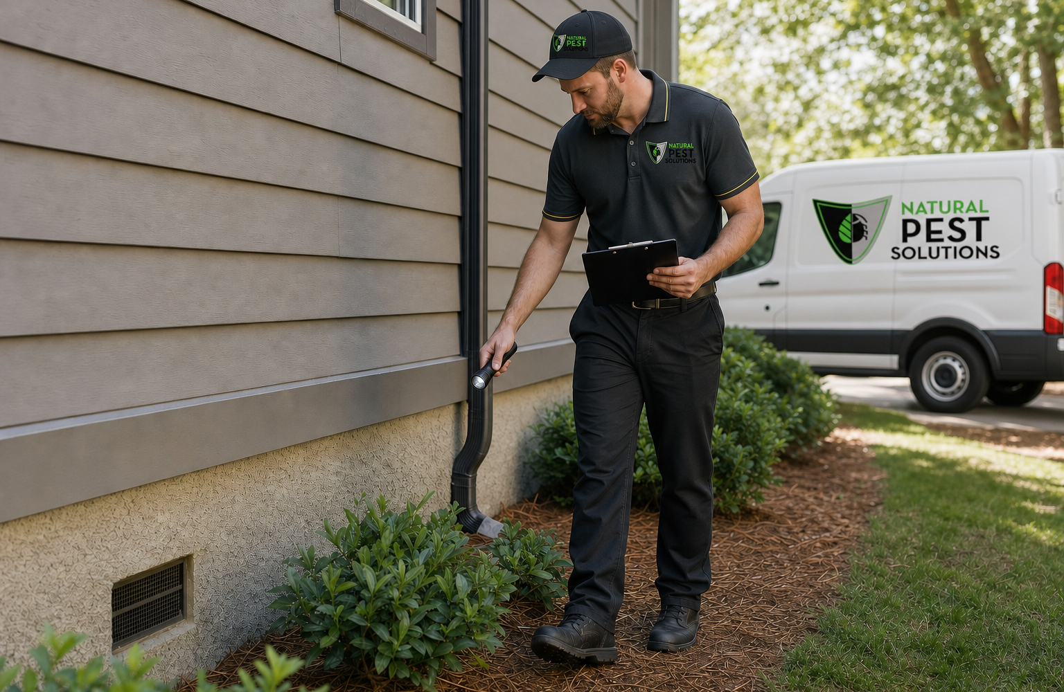 Natural Pest Solutions technician walking the exterior perimeter of a home during an inspection, pest control serving Connecticut Natural Pest Solutions technician walking the exterior perimeter of a home during an inspection, pest control serving Connecticut