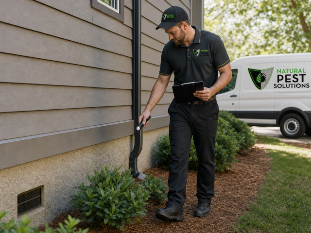 Natural Pest Solutions — a pest control technician walking the exterior perimeter of a home with a clipboard and flashlight