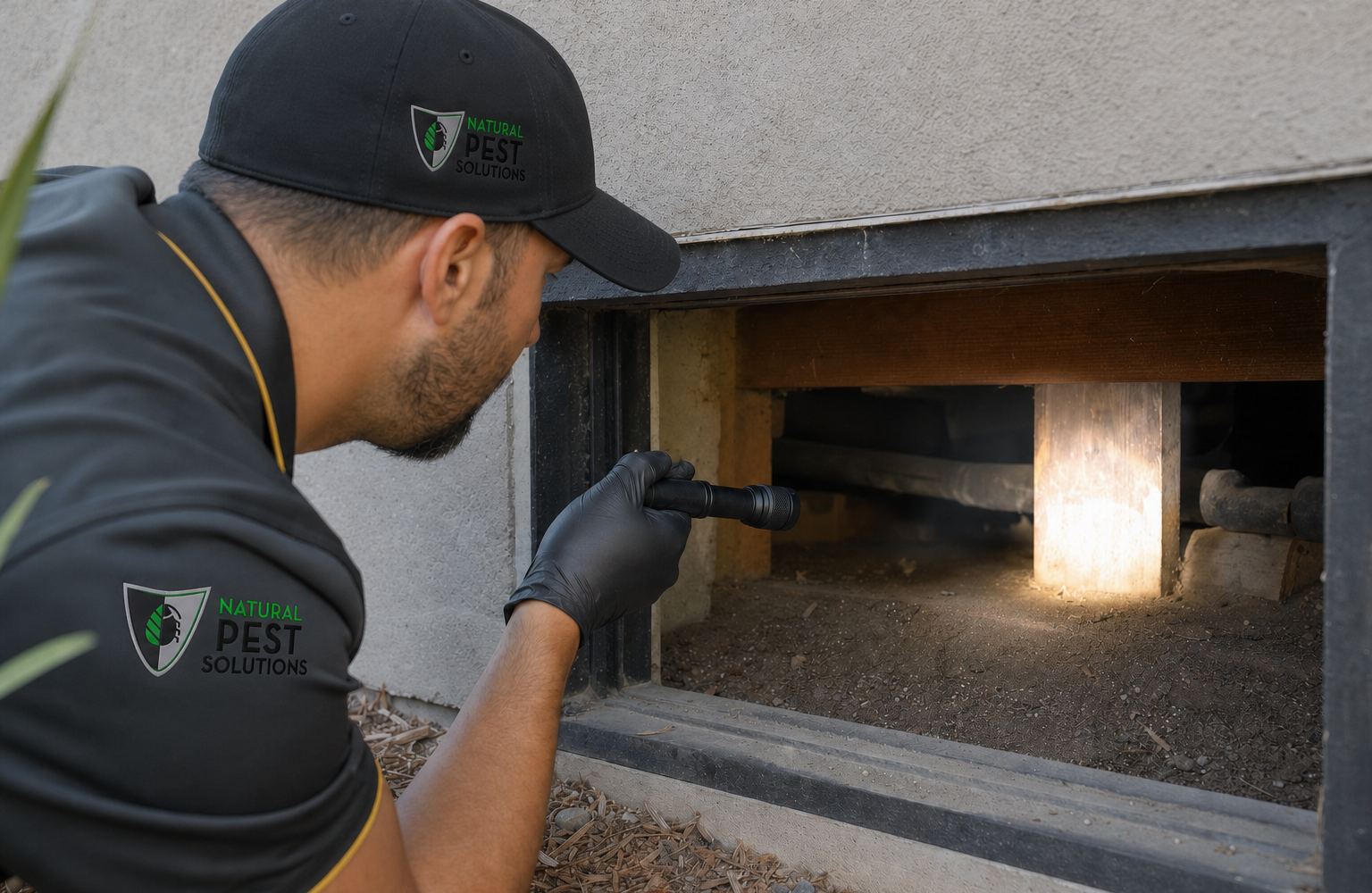 Natural Pest Solutions — a technician pointing a flashlight into a crawlspace access opening