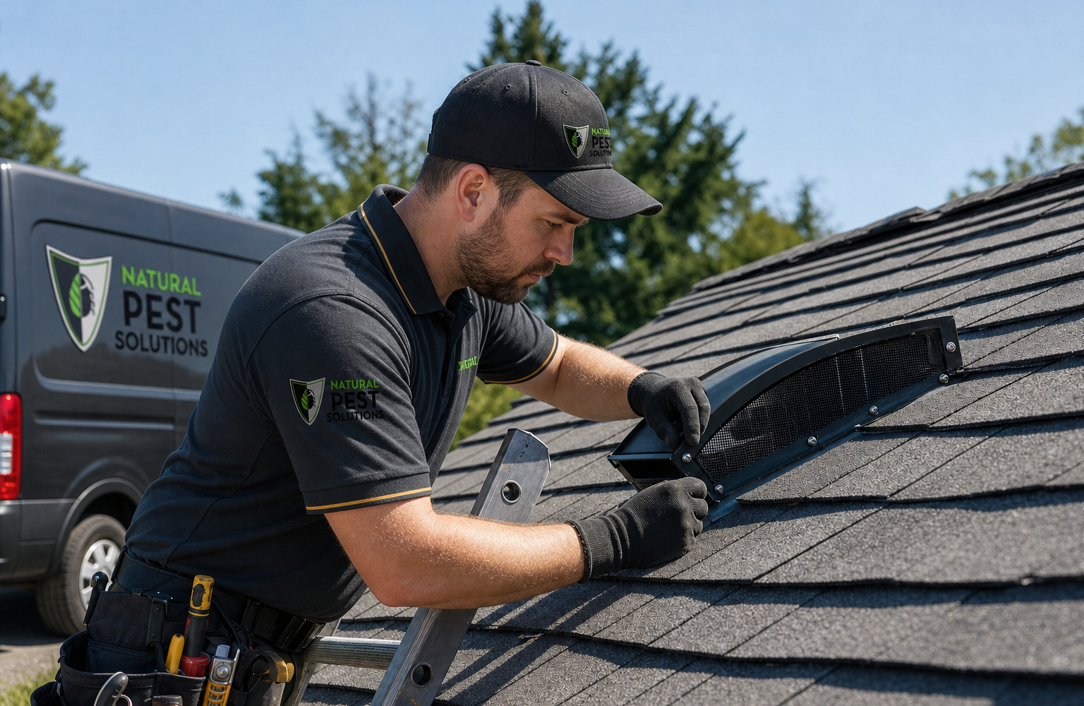 Natural Pest Solutions — a technician installing a one-way exclusion door over a roof vent opening