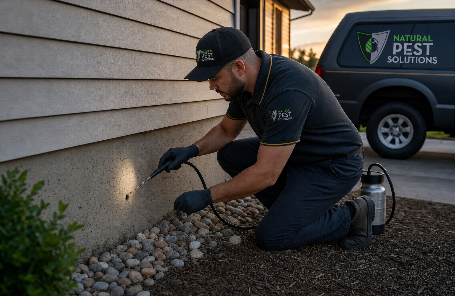 Natural Pest Solutions — a technician applying a targeted treatment to a foundation weep hole