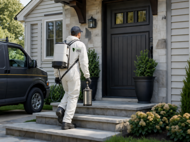 Natural Pest Solutions technician carrying treatment equipment to a home's front door