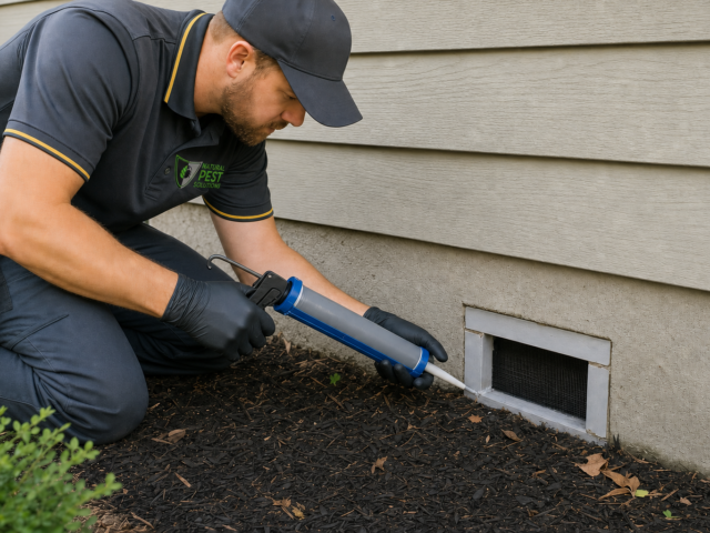 Natural Pest Solutions technician sealing a rodent entry point at a home's foundation vent