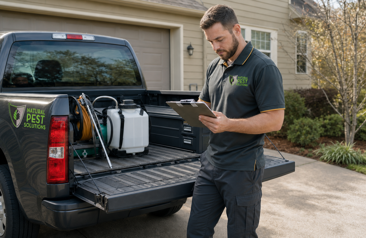 Natural Pest Solutions technician reviewing a checklist at the back of a branded service truck, pest control serving Huron, CA Natural Pest Solutions technician reviewing a checklist at the back of a branded service truck, pest control serving Huron, CA
