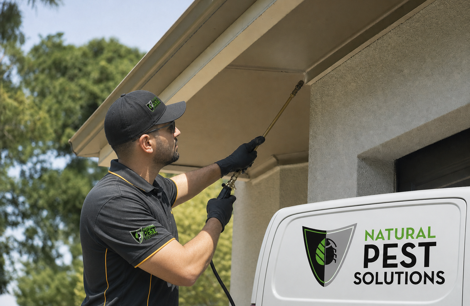 Natural Pest Solutions — a technician applying treatment to an eave corner with a wand sprayer