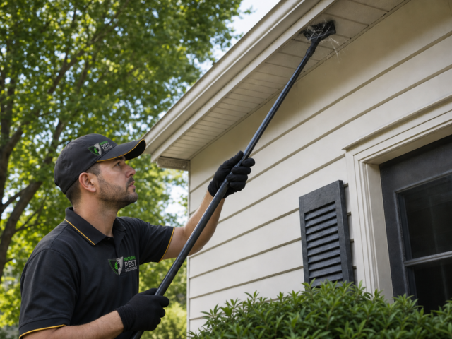 Natural Pest Solutions — a pest control technician sweeping spider webs from a home exterior eave corner