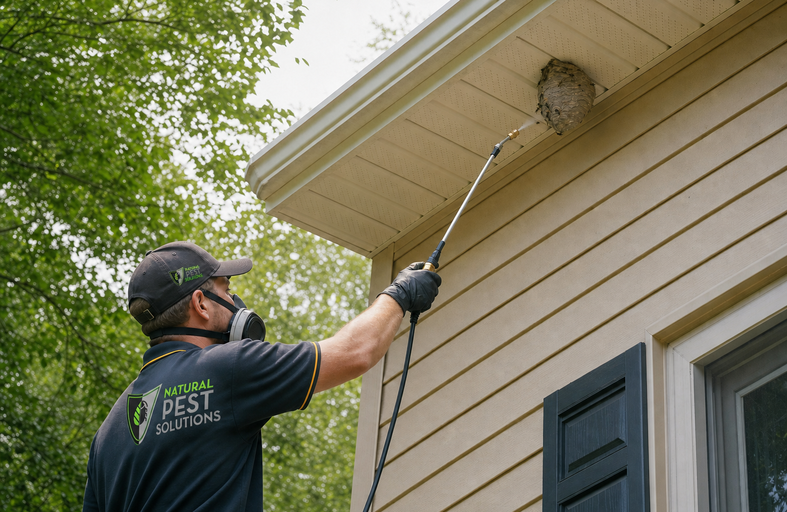 Natural Pest Solutions — a technician treating a wasp nest from a safe distance with a long-wand sprayer